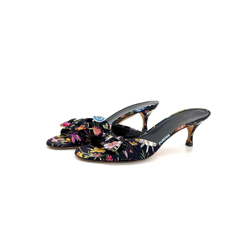 Vintage Gucci Flora Bow Slip On Kitten Heeled Mules Sandals 36.5